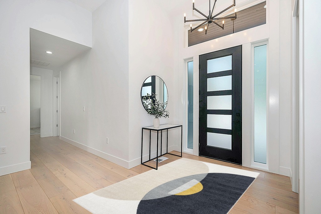 Abani Geometric Beige/Charcoal Yellow Area Rug - 5'x 8' - Modern Half-Moon Design Mid-Century Deco - Easy to Clean - Durable for High Traffic Areas – Bedroom & Office - Medium Pile in Modern White Entryway