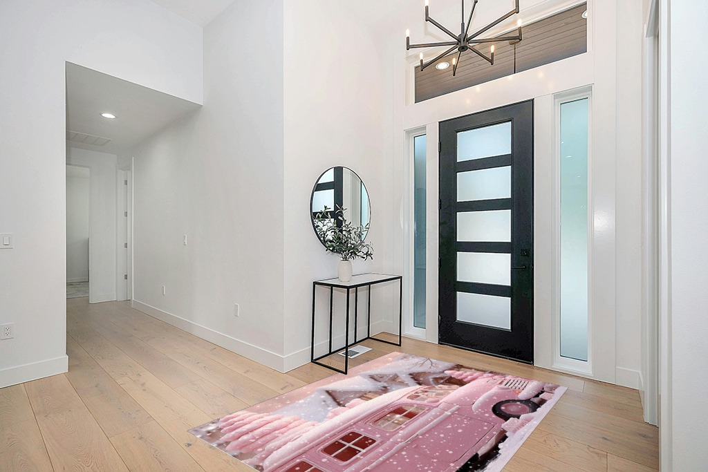 Pink Christmas Area Rug for Living Room, Rectangular Indoor Carpet - 5' x 7', Xmas Pink Truck Winter Snowflake Non-Skid Bathroom Mat Kitchen Runner Rugs for Bedroom in Modern White Entryway