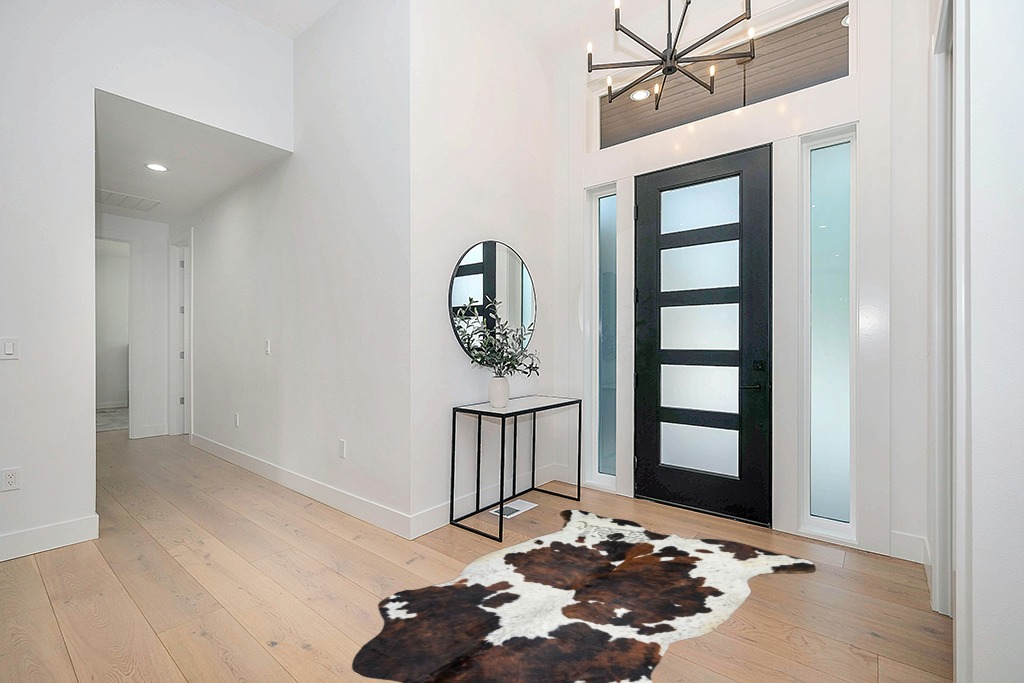 Tricolor Cowhide Rug Classic Brown, Black and White Color Mix, Natural Leather Hide, Area Rug (5x7 ft) in Modern White Entryway