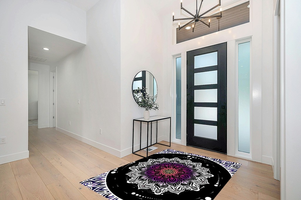 Boho Mandala Area Rug, 5x7ft, Anti-Slip Carpet with Mandala Design Covering The Whole Screen Indoor Outdoor Bohemian Collection Rugs for Bedroom Living Room Office, Multicolor White Black Purple in Modern White Entryway