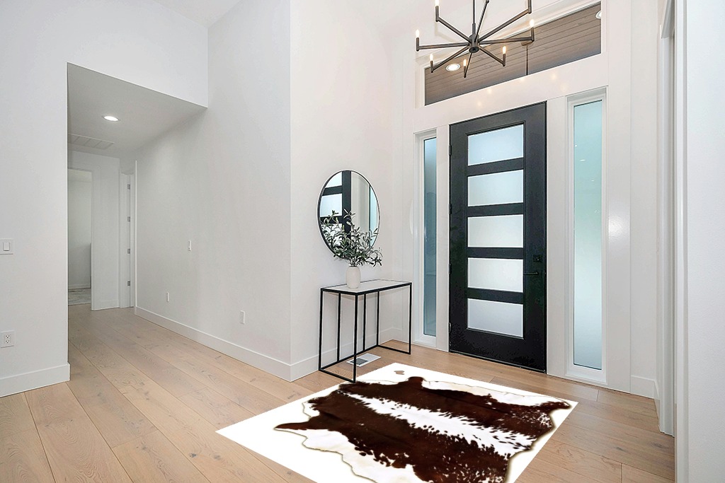 Genuine Cowhide Rug Hereford Black White Animal Skin Leather Cowhide Rug Real Cowskin Area Rug (Design 3, 5x6) in Modern White Entryway