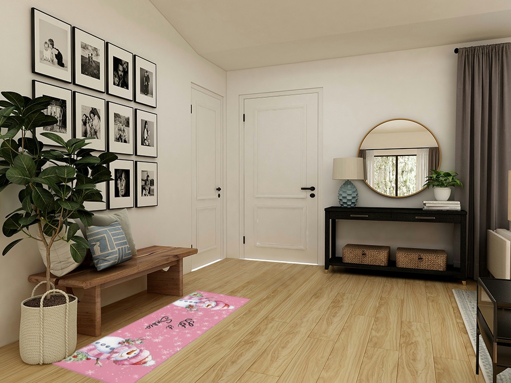 Kitchen Rugs Long Floor Door Mats Absorbent Entryway Rug Winter Christmas Snowman Bird Indoor Carpet Non-Slip Area Runner,White Snowflake on Pink Entrance Doormat for Bedroom Bathroom in Transitional Minimalistic Entryway