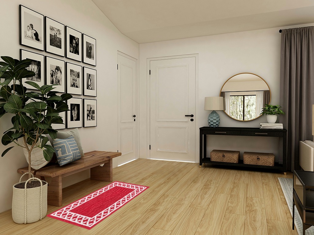 Nautica Runner Rug | Indoor Carpet for Entryway & Hallway Rug| Non-Slip and Non-Skid Entry and Kitchen Door Mat| Machine Washable Low Profile Floor Mat | 26" x 45"| Trellis Border Red and White in Transitional Minimalistic Entryway