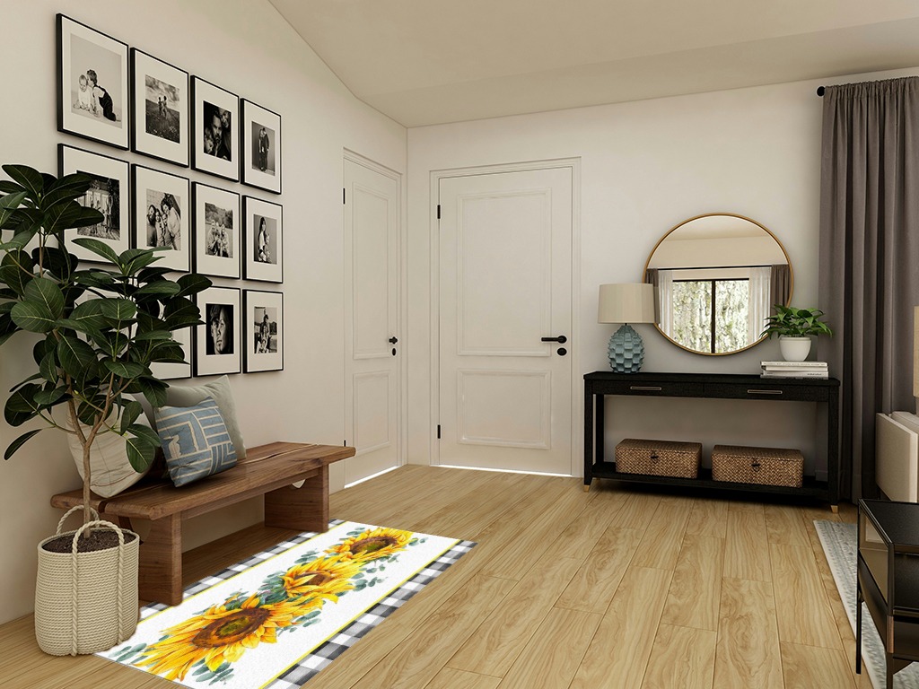 Large Area Rug, Sunflower Non-Slip Indoor Accent Area Carpet, Spring Floral Eucalyptus Leaves Black White Plaid Fluffy Shaggy Runner Rug for Living Room, Bedroom, Kids Room, 2'7"x 5" in Transitional Minimalistic Entryway