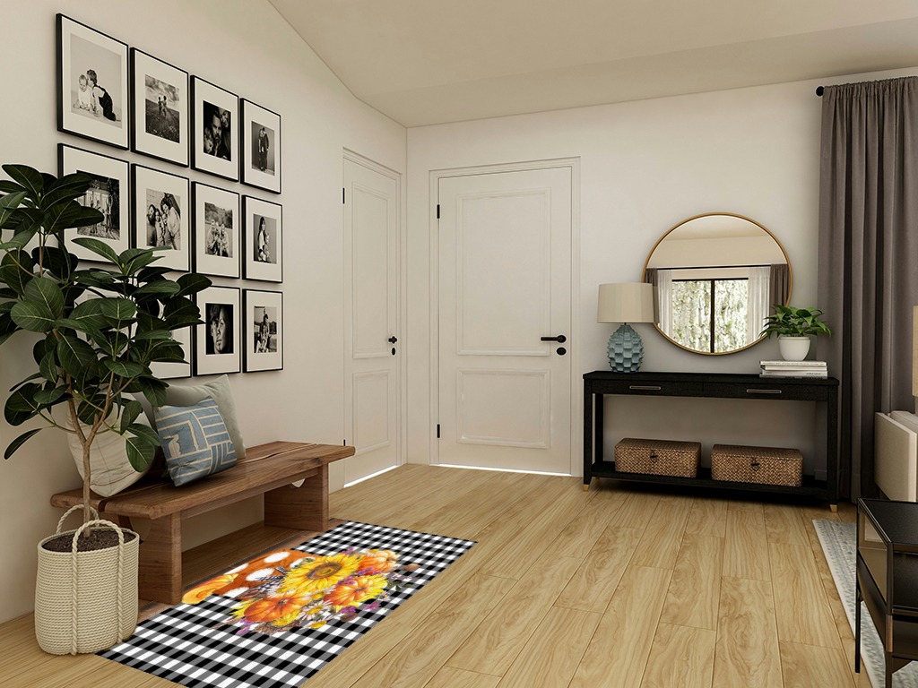 Large Area Rug, Thanksgiving Non-Slip Indoor Accent Area Carpet, Fall Sunflower Pumpkin Harvest Black White Plaid Fluffy Shaggy Runner Rug for Living Room, Bedroom, Kids Room, 2'7"x 5" in Transitional Minimalistic Entryway