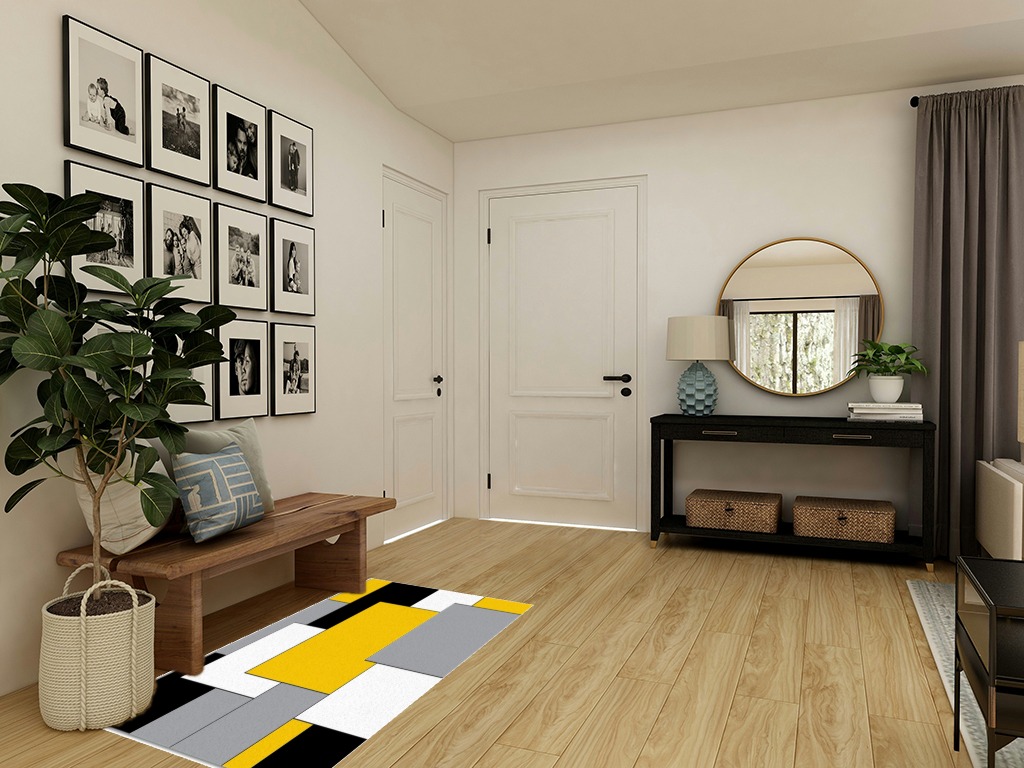 Washable Area Rug 3'x5', Yellow Black and Gray Geometric Pattern Modern Abstract Art Soft Indoor Outdoor Floor Carpet, Non-Slip Ultra-Thin Area Rugs for Living Room/Bedroom/Kitchen Aesthetic Decor in Transitional Minimalistic Entryway