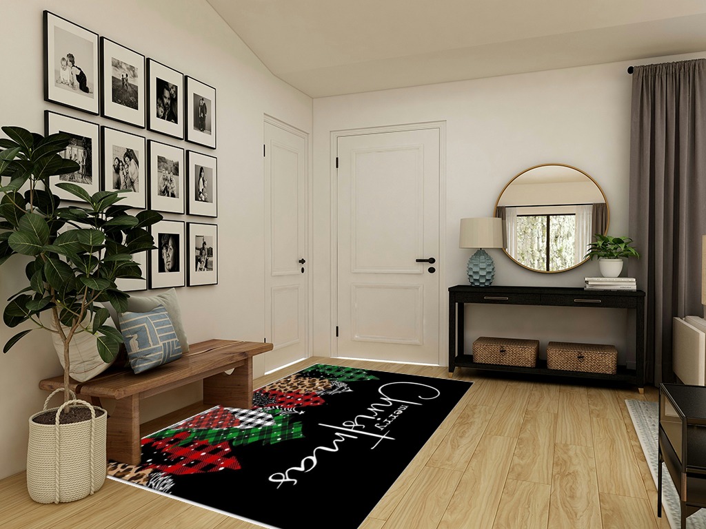 Merry Christmas Area Rug for Living Room Bedroom 5x8, Large Runner Rug Carpet Washable Rugs Non-Shedding Floor Cover Mat for Kitchen Dining Kids Room Decor Christmas Tree Black Texture in Transitional Minimalistic Entryway