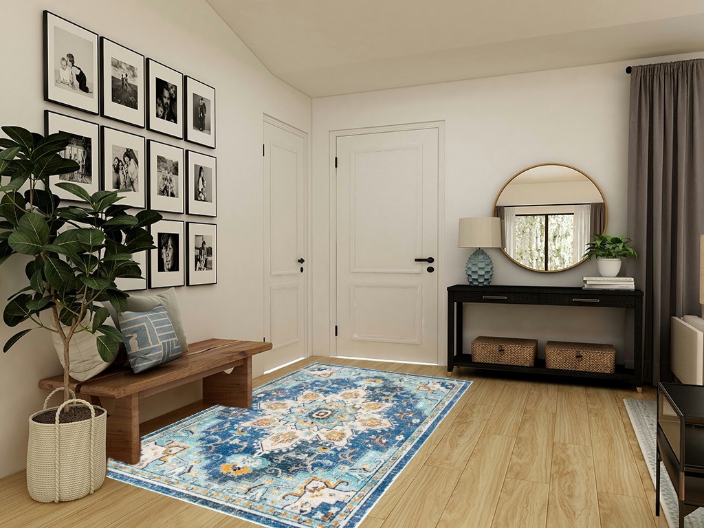 SAFAVIEH Madison Collection Area Rug - 5'3" x 7'6", Blue & Light Blue, Boho Chic Medallion Distressed Design, Non-Shedding & Easy Care, Ideal for High Traffic Areas in Living Room, Bedroom (MAD473M) in Transitional Minimalistic Entryway