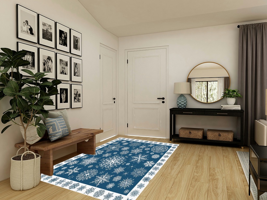 Christmas Area Rug 5 x 8, Washable Bedroom Rug Non-Slip Kitchen Rugs Non Shedding Floor Cover Mat Runner Rug for Living Room Dining Room Outdoor Carpet Seasonal Blue Snowflakes Winter Xmas in Transitional Minimalistic Entryway