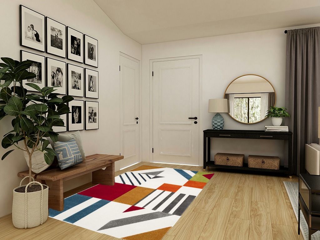 SAFAVIEH Hollywood Collection Area Rug - 5'3" x 7'6", Ivory & Peacock Blue, Mid-Century Modern Design, Non-Shedding & Easy Care, Ideal for High Traffic Areas in Living Room, Bedroom (HLW709B) in Transitional Minimalistic Entryway