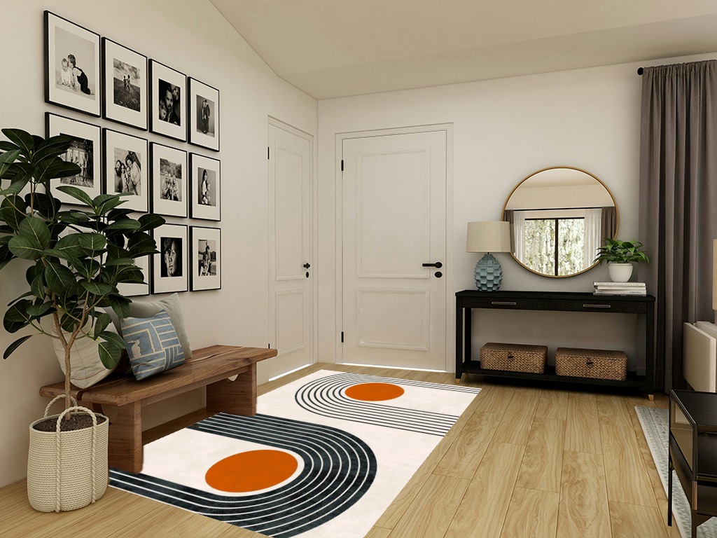 Mid-Century Modern Minimalist Circles and Lines Pattern Soft Wool Area Rug 6x9 Washable Boho Carpet for Living Room Bedroom No-Slip Thick Dining Room Rug Indoor Floorcover Mat in Transitional Minimalistic Entryway