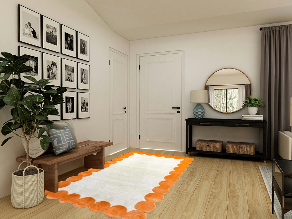 Beige & Orange Irregular Boarder Shape, Modern Handmade Tufted Area Rugs in Beige and Orange Color. in Size 5X8 Feet. in Transitional Minimalistic Entryway