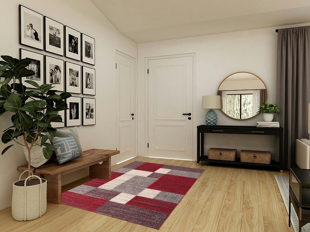 Modern Boxes Design Non-Slip (Non-Skid) Area Rug 5 X 7 (5' 3" X 7' 3") Red in Transitional Minimalistic Entryway