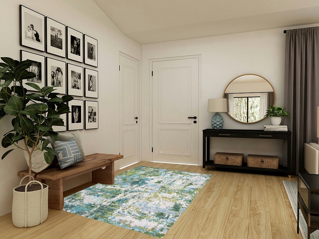 Area Rug Living Room Rugs - 5x7 Washable Large Modern Abstract Soft No Slip Indoor Rug Thin Floor Carpet for Bedroom Under Dining Table Home Office Decor - Green Turquoise in Transitional Minimalistic Entryway