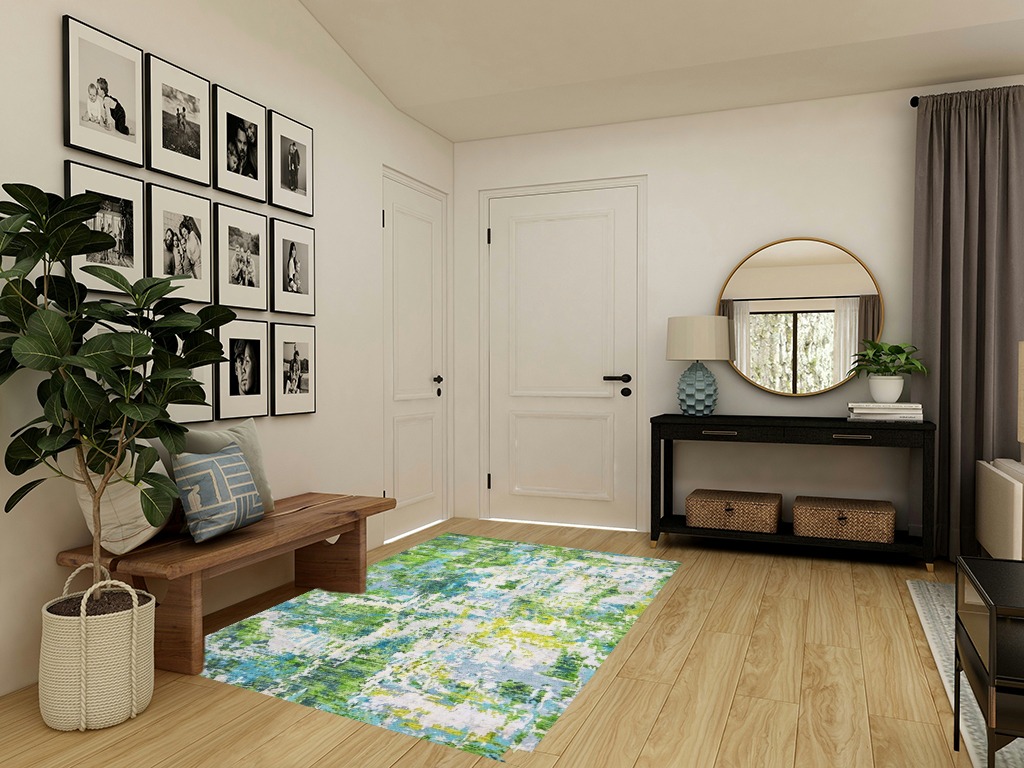 Area Rug Living Room Rugs - 5x7 Washable Large Modern Abstract Soft No Slip Indoor Rug Thin Floor Carpet for Bedroom Under Dining Table Home Office Decor - Green in Transitional Minimalistic Entryway