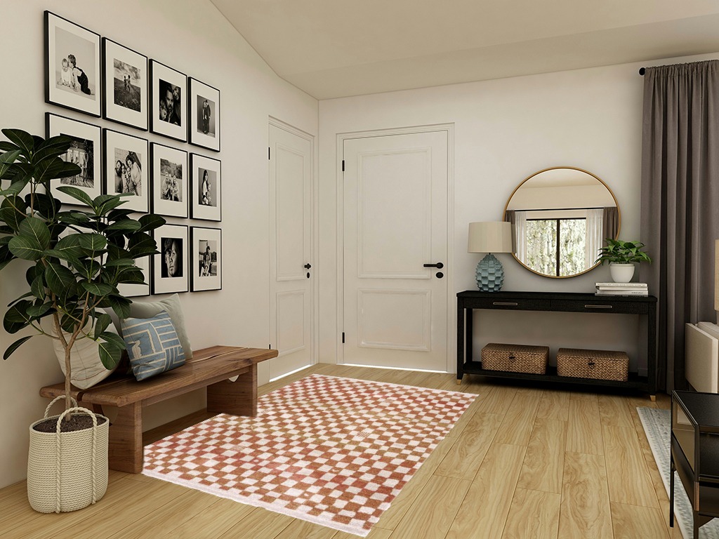 Hauteloom Pertek Checkered Tile Living Room Bedroom Dining Room Area Rug - Bohemian Boho Carpet - Square Tile Farmhouse - Faded Distressed - Cream, Beige, Light Red, Somon - 5'3" x 7' in Transitional Minimalistic Entryway