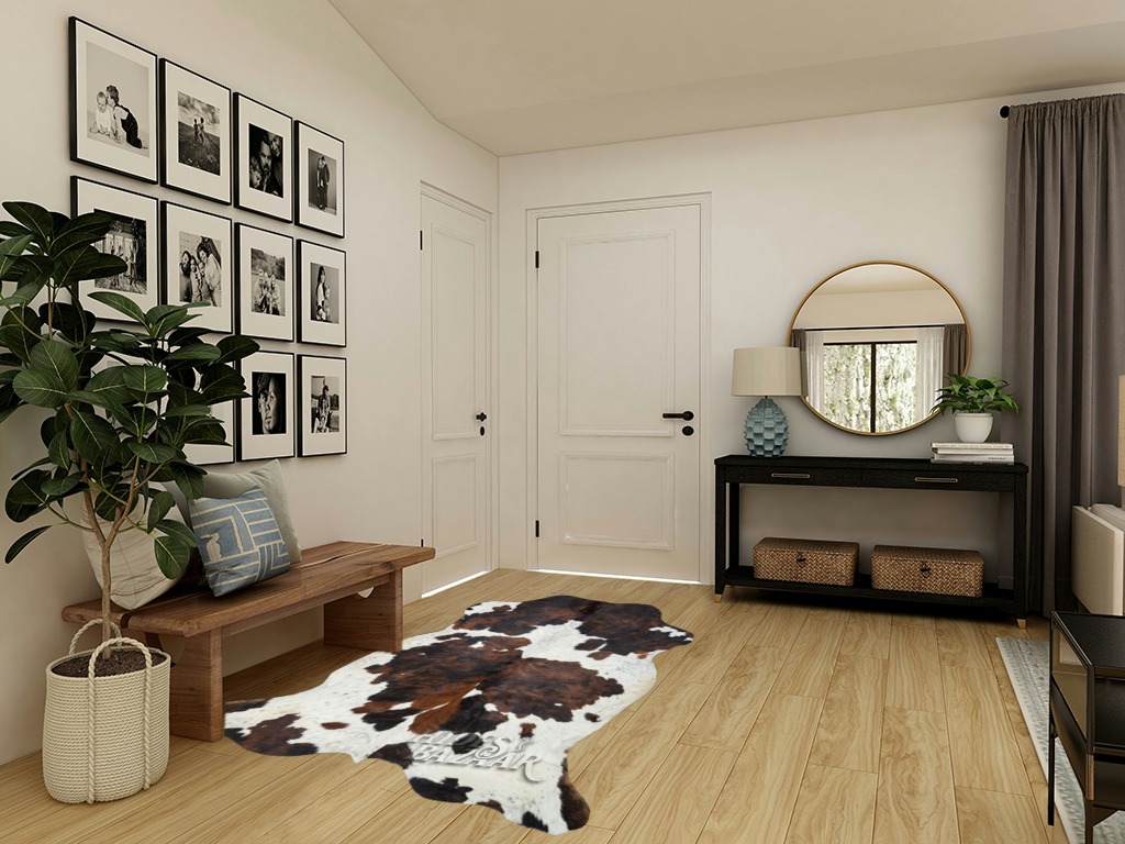 Tricolor Cowhide Rug Classic Brown, Black and White Color Mix, Natural Leather Hide, Area Rug (5x7 ft) in Transitional Minimalistic Entryway