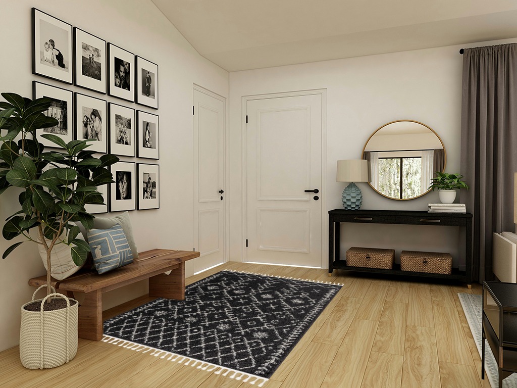 Hauteloom Berber Shag Collection - Thetford Farmhouse Living Room Bedroom Area Rug with Tassel - Fluffy Plush High Pile Carpet - Soft Shaggy Rug, Moroccan Trellis - Black, White, Beige - 5'3" x 7'3" in Transitional Minimalistic Entryway