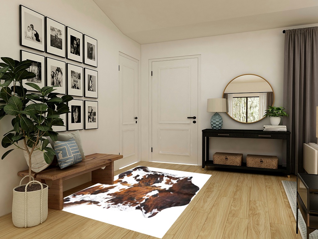 rodeo Genuine Cowhide Rug: Hand-Picked & Authentic Real Cowhide Rug for western Home Decor -TEXAS rug Cow Hide Rug Large Sized at 6x7ft - Rustic rug, Unique, Durable, Leather Cow Carpet Rugs -Tricolor in Transitional Minimalistic Entryway