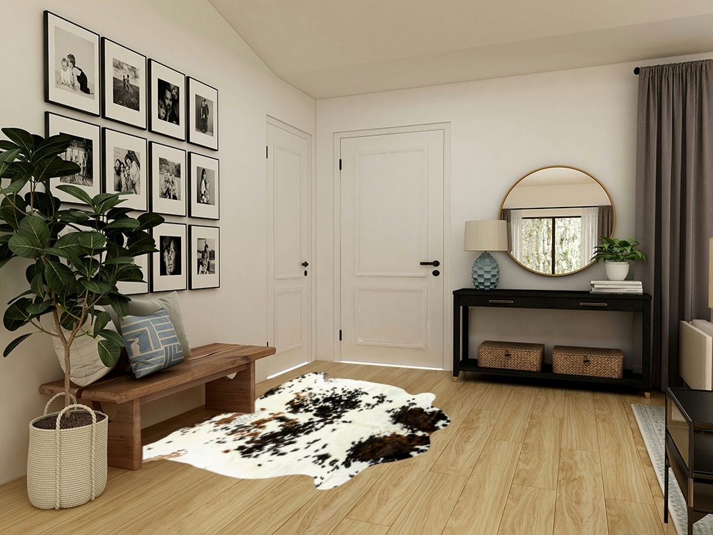 HIDES BAZAAR Light Tricolor Cowhide Rug, Premium Quality Genuine Leather Cow Hide, White, Brown and Black Color Mix Area Rug (5x7 ft) in Transitional Minimalistic Entryway