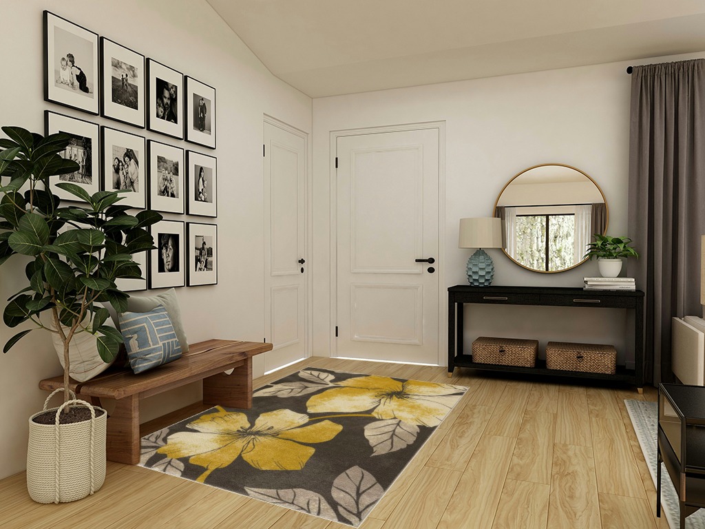 CAMILSON Solana Modern Floral 5x7 Area Rugs Non-Skid (Non-Slip) Rubber Backing Yellow - Brown Flowers Indoor Rug (5 x 7, Yellow Brown) in Transitional Minimalistic Entryway