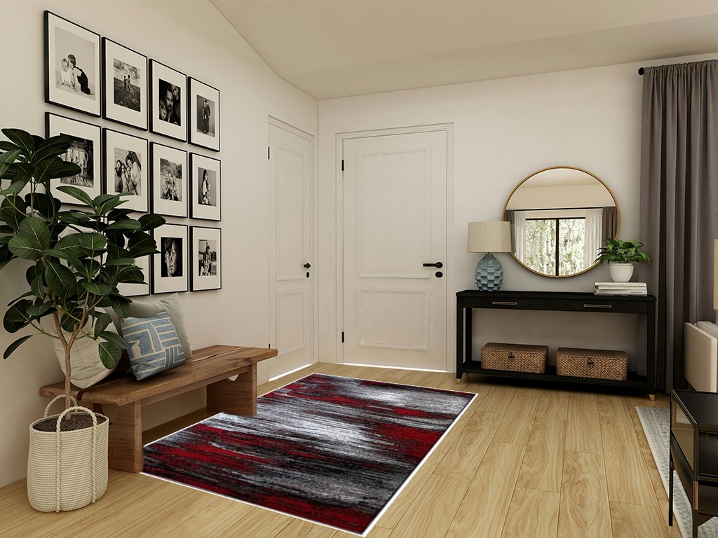 Modern Rugs for Living Room Abstract Soft Plush Red Grey Black Area Rug (5’ 3” X 7’ 5”) in Transitional Minimalistic Entryway