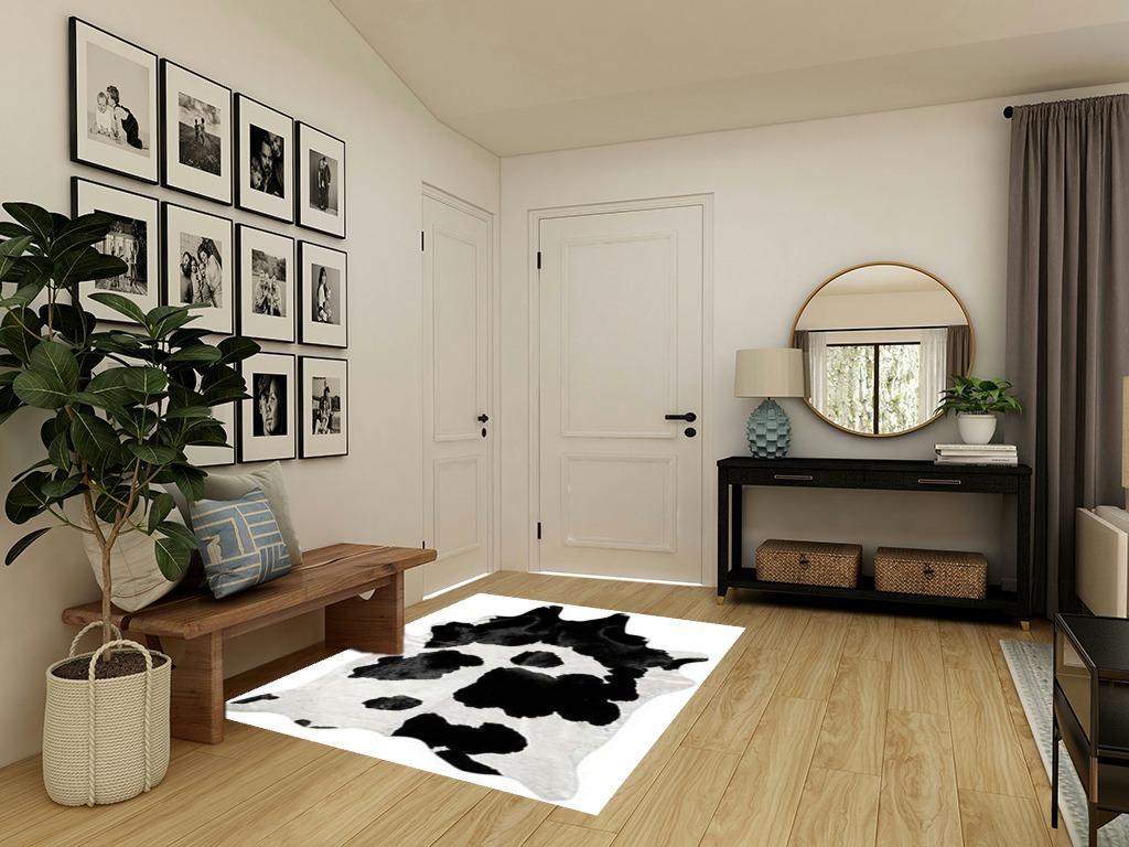 Black and White Cowhide Rug Natural Cow Skin Cow Hide Leather Area Rug Hair On, Large 5 ft X 6 ft Premium Black White Shed Free Natural Hide in Transitional Minimalistic Entryway