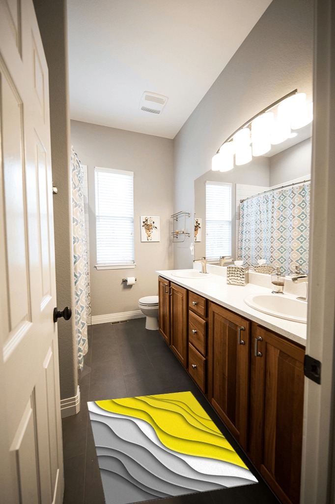 Yellow Gradient Area Rugs in Wooden and Grey Bathroom