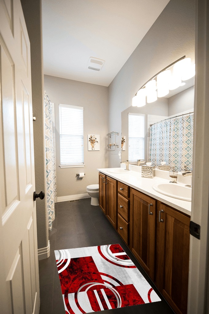 Red Rings Area Rugs Indoor Non-Slip Rectangle Rug in Wooden and Grey Bathroom