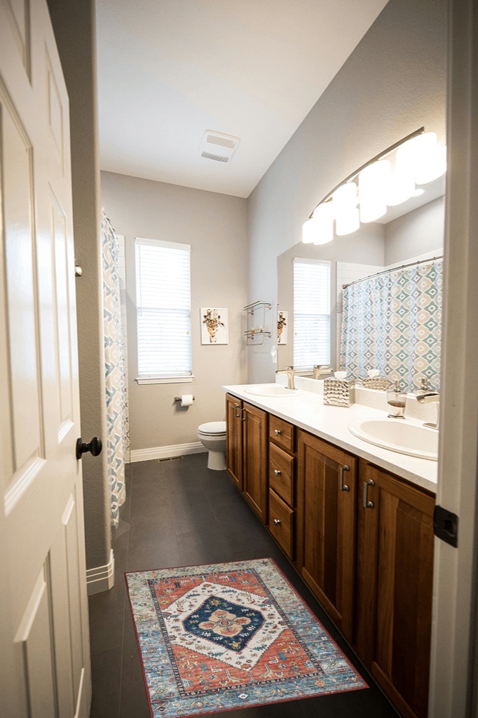 Persian Formal Traditional Non Slip Hallway Area Rug in Wooden and Grey Bathroom