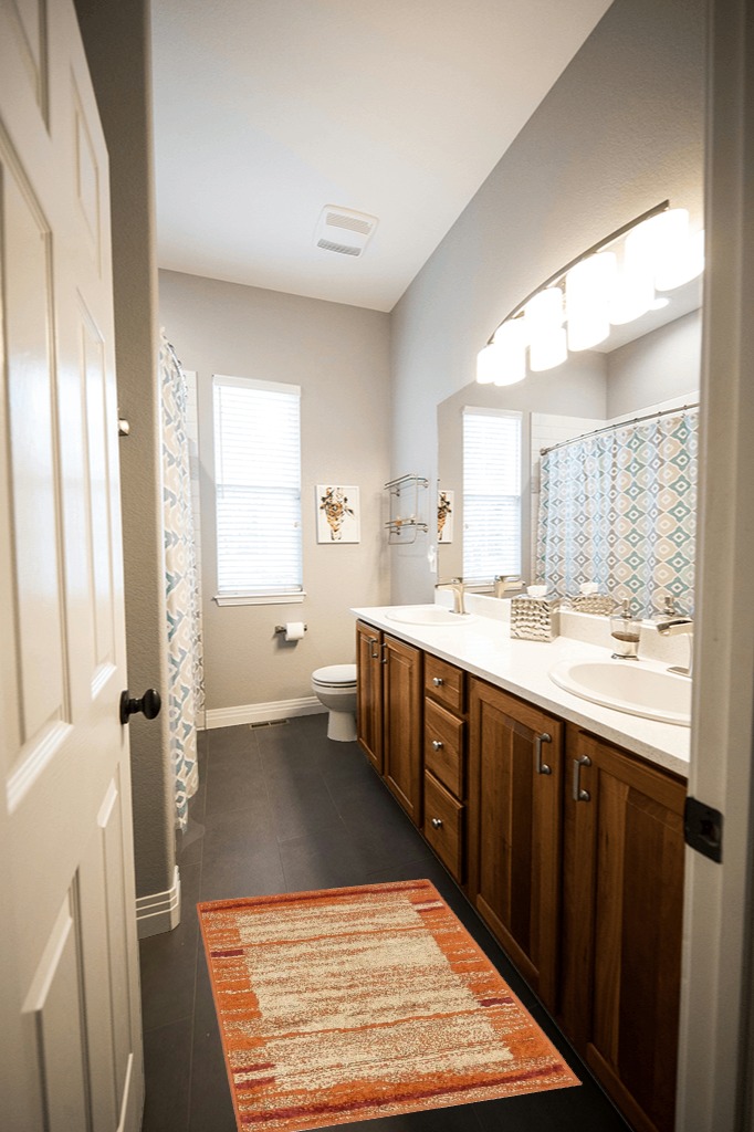 Alair Abstract Terracotta Area Rug Wade Logan Rug Size: Rectangle 2' x 3' in Wooden and Grey Bathroom
