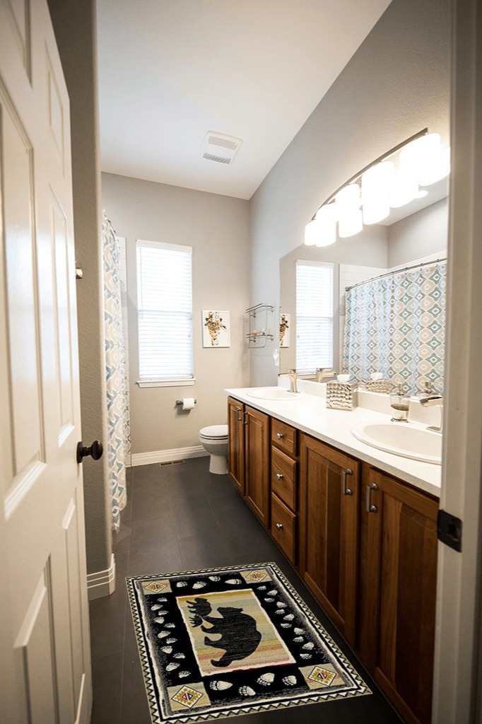 Rug Empire Take the Lead Black Bear Rustic Lodge Area Rug - 26" W X 39" L in Wooden and Grey Bathroom