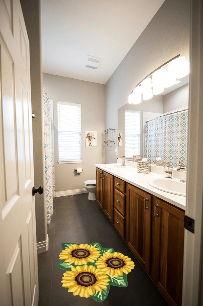 USTIDE Sunflower Rug for Kitchen Handmade Rug Yellow Flower Floor Mat Modern Rustic Carpet Washable Non-Slip Bathroom Mat for Bedroom/Foyer 3x2 in Wooden and Grey Bathroom