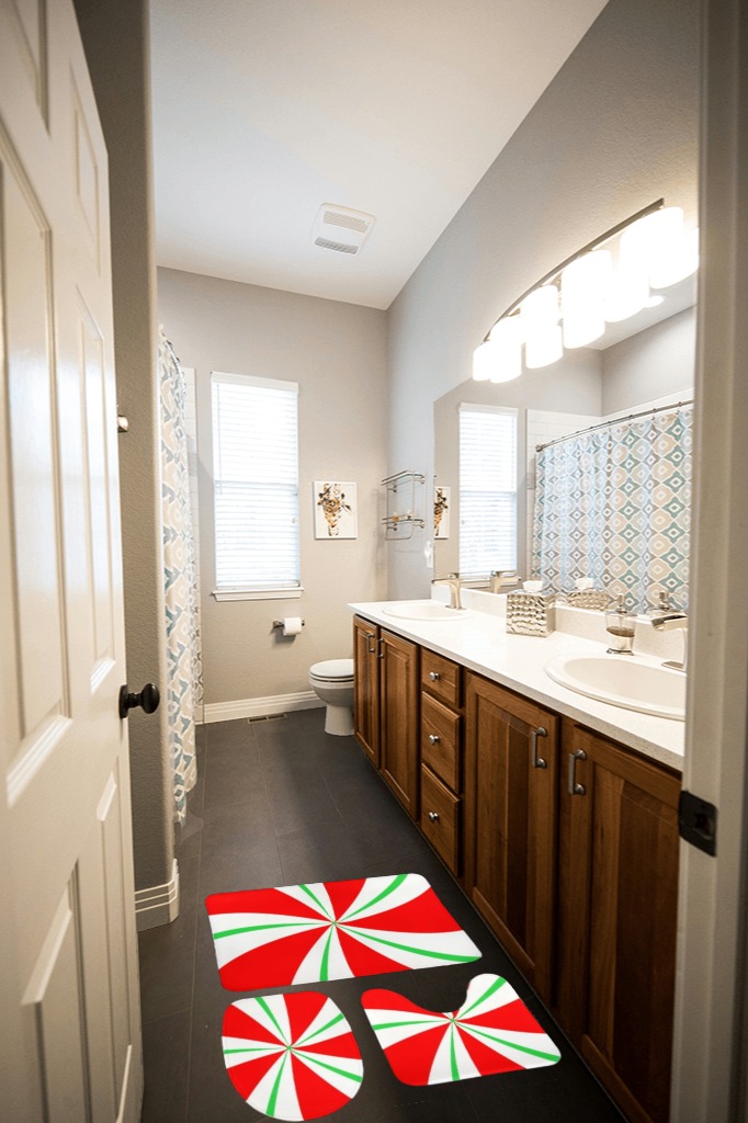 Bathroom Rugs Set 3 Piece Red and Green Candy Christmas Bath Rug Mat Set, Non Slip Absorbent Bathroom Decor Mat, Toilet Lid Cover & U Shaped Contour Rug in Wooden and Grey Bathroom