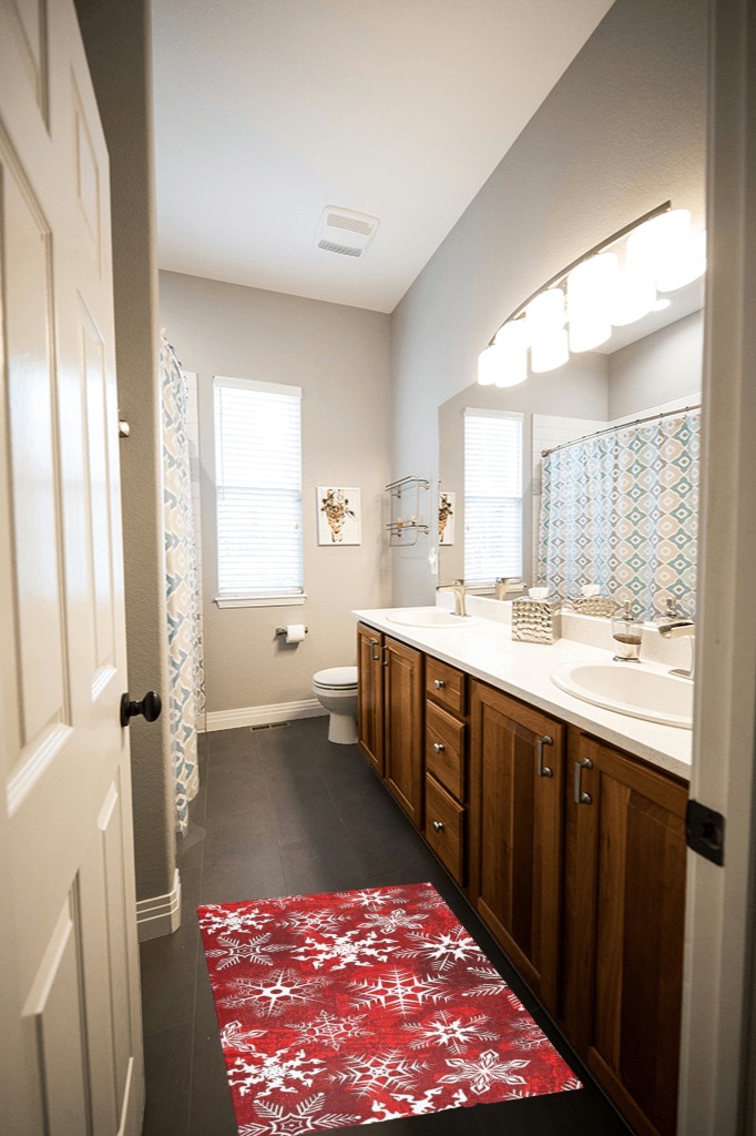 Christmas Rugs Fluffy Bath Rugs, Christmas Red Pattern with Snowflakes Flower Bathroom Rug Kitchen Rug Soft Fuzzy Mat Carpet ShaggyShower Rug Water Absorbent in Wooden and Grey Bathroom