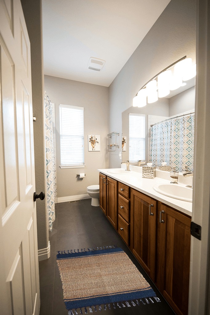 DII Woven Rugs Collection Hand-Loomed Jute, 2x3', French Blue Stripes in Wooden and Grey Bathroom