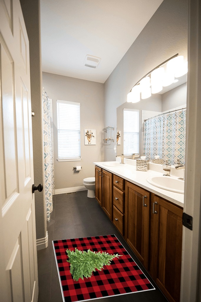 Area Rug, Red Buffalo Plaid Xmas Tree Merry Christmas Area Rug, Living Room Rugs, Area Rugs for Bedroom Decor&Living Room Decor, Carpet 2x3ft Bedroom Rug, Rugs for Living Room in Wooden and Grey Bathroom