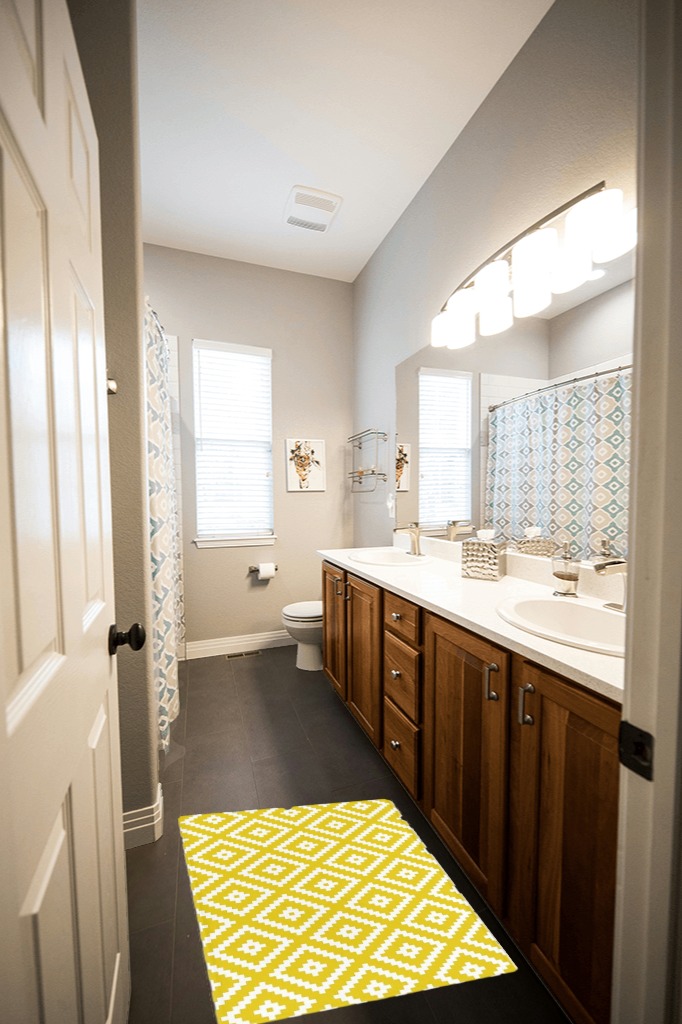 Geometric Plush Shag Bath Rugs Abstract Diamond Plaid Soft Fluffy Floor Doormat Carpet,Non-Slip Door Mats for Living Room Bedroom Kitchen Entryway Yellow Geometrical Art in Wooden and Grey Bathroom