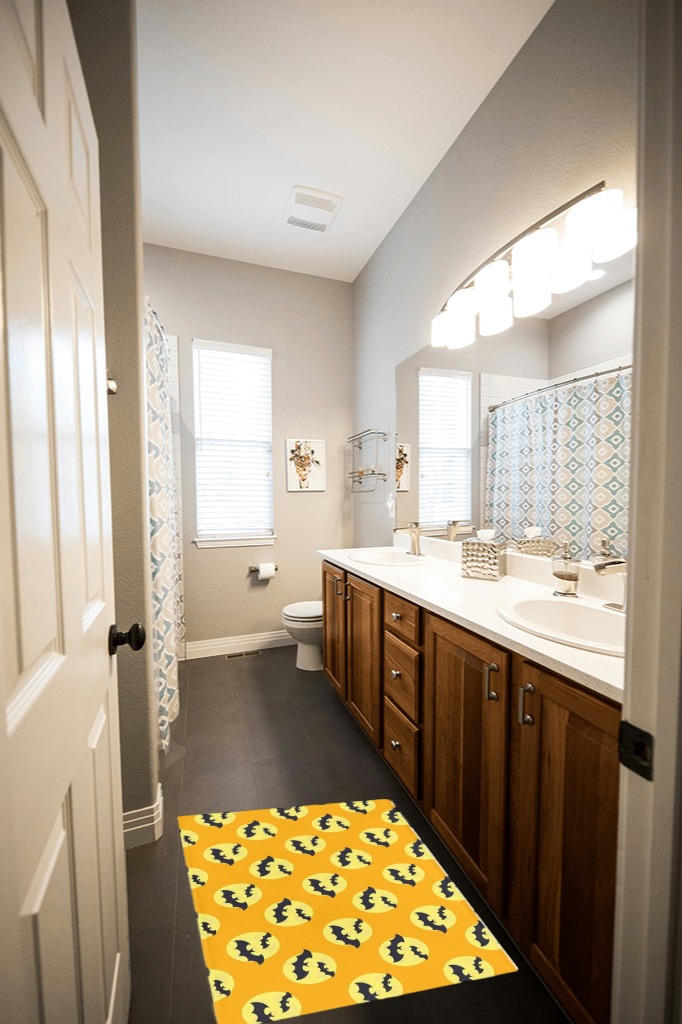 Halloween Plush Shag Bath Rugs Spooky Black Bats Animals Soft Fluffy Floor Doormat Carpet,Non-Slip Door Mats for Living Room Bedroom Kitchen Entryway Yellow Moon Orange in Wooden and Grey Bathroom