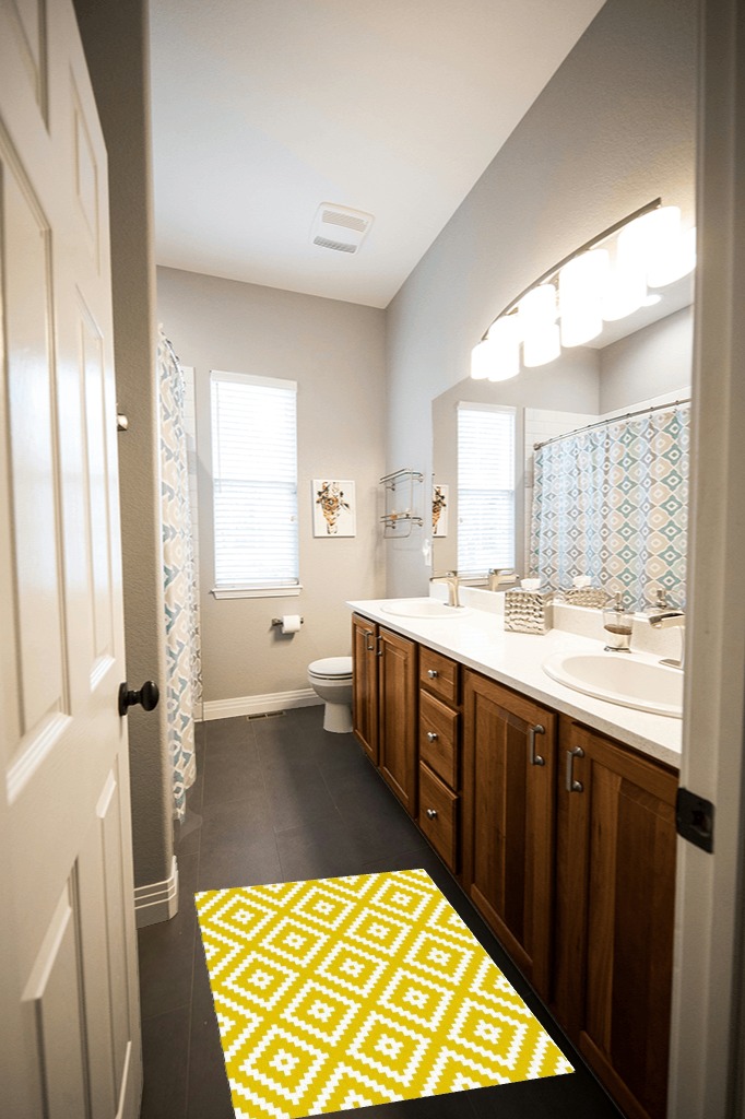 Teounai Modern Yellow White Geometric Mosaic Area Rug, Simple Versatile Low-Pile Rug, Soft Fluffy in Living Room Bedroom Dining Room Study Can Reduce Noise Create a Quiet Atmosphere 3 x 2ft in Wooden and Grey Bathroom
