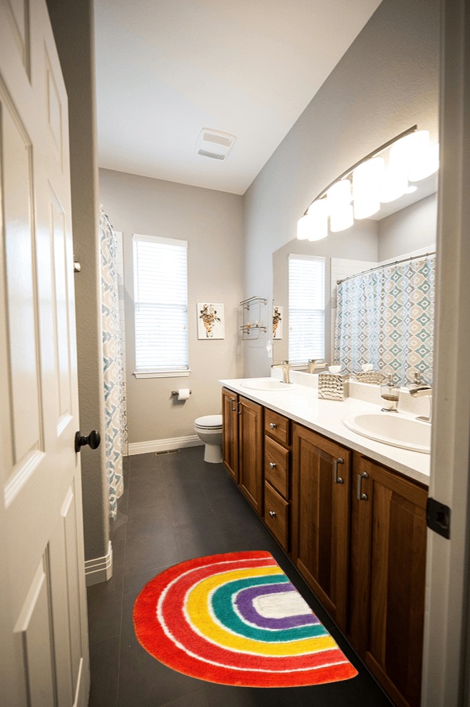 Cute Doormat for Kids - Microfiber Absorbent Bathroom Mats - Front Door Mat Carpet Floor Rug, Rainbow Shape 19.7" x 31.5" in Wooden and Grey Bathroom