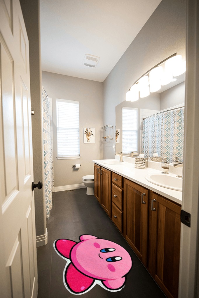 Woefish Cartoon Bathroom Runner Rugs,Non-Slip Kawaii Games Plush Area Rugs Bathroom Rugs,Microfiber Water Absorbent Bath Mat for Bathroom Floor Tub Decor,31.5x23.6 inch in Wooden and Grey Bathroom