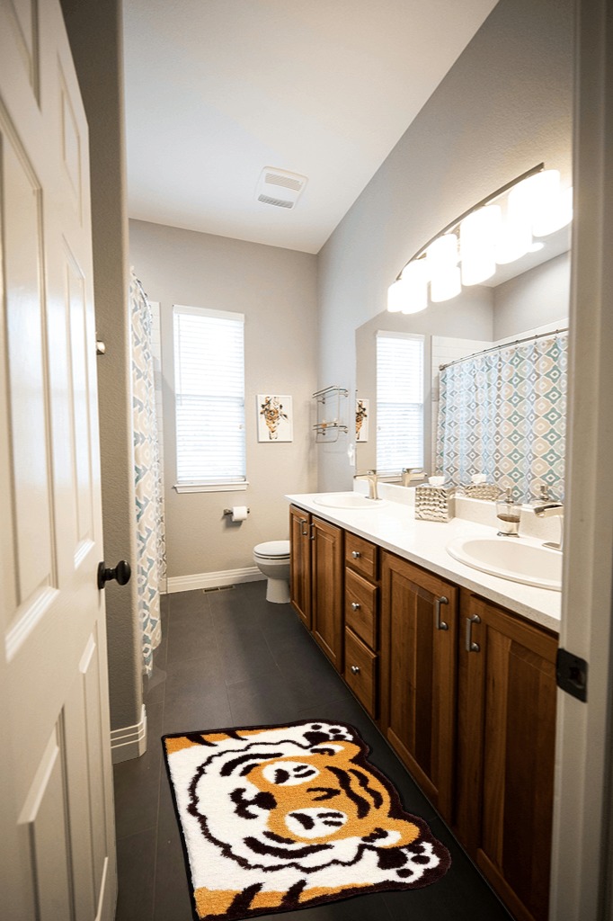 Molesun Tiger Bath Rugs, Cute Water Absorbent Bathroom Rug Plush Microfiber Non-Slip Soft Shower Rug, Funny Shaggy Floor Mats for Kids Room, Bedroom, Kitchen, 17.7" x 29.5" in Wooden and Grey Bathroom