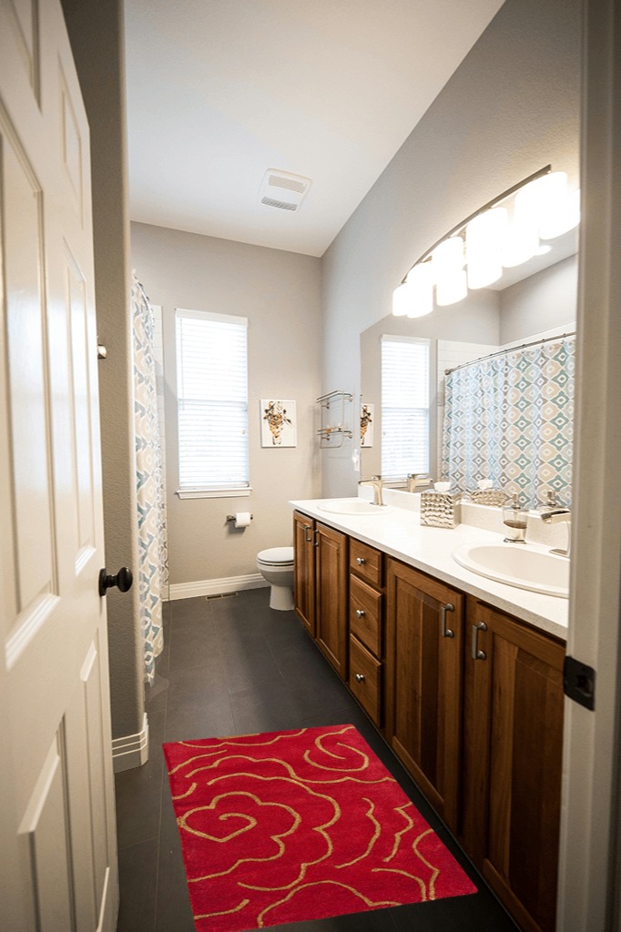 SAFAVIEH Soho Collection 2' x 3' Red SOH812A Handmade Premium Wool & Viscose Accent Rug in Wooden and Grey Bathroom