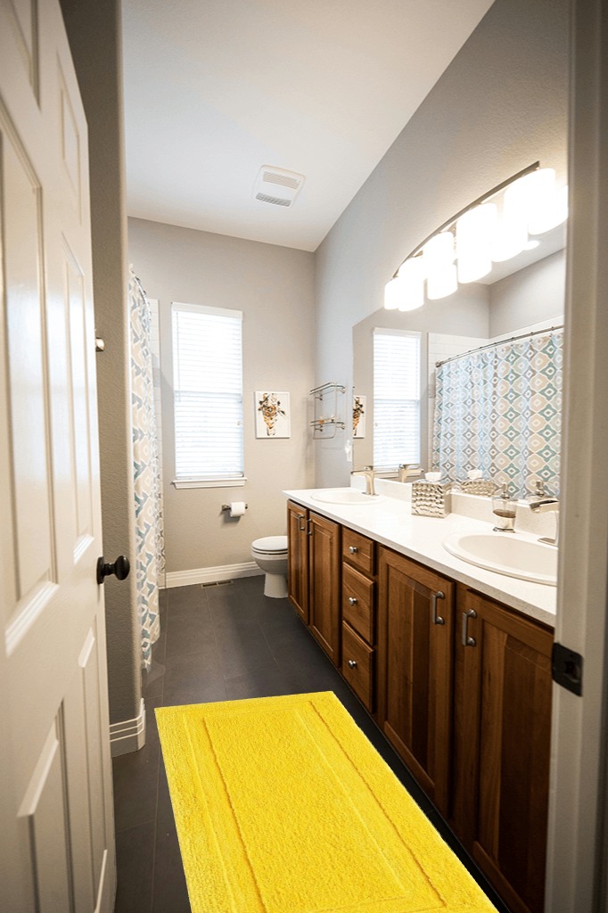 SHACOS Super Soft Bathroom Runner Rugs 20"x47" Non Slip Bath Rug Runners Microfiber Absorbent Long Bathroom Mats Long Bath Rug Machine Washable (20"x47", Yellow) in Wooden and Grey Bathroom