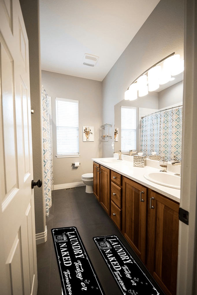 Laundry Room Rug Runner 20''x48'' Non Slip for Laundry Room Decor Washable Farmhouse Kitchen Floor Mat Bathroom Area Rugs for Laundry Room Home Decor Accessories Black03 in Wooden and Grey Bathroom