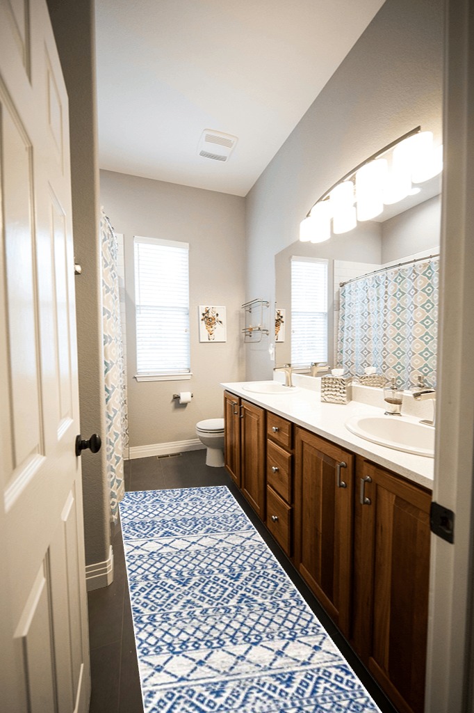 Moroccan Hype Boho Vintage Tribal Cream/Blue 2 ft. x 8 ft. Runner Rug in Wooden and Grey Bathroom