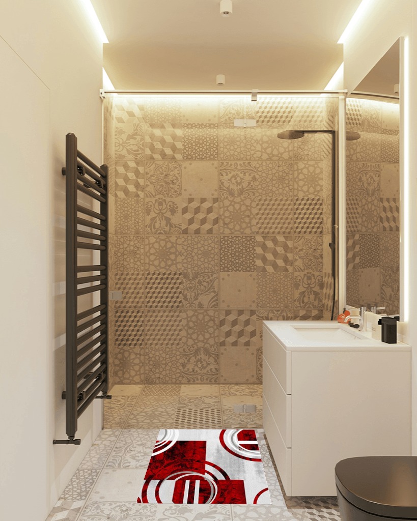 Red Rings Area Rugs Indoor Non-Slip Rectangle Rug in White Tiled Bathroom