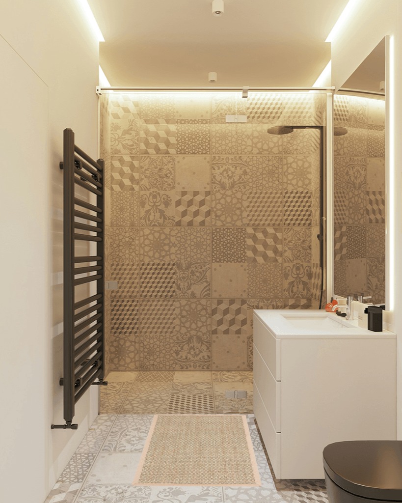 Black Bohemian  Bathroom in White Tiled Bathroom