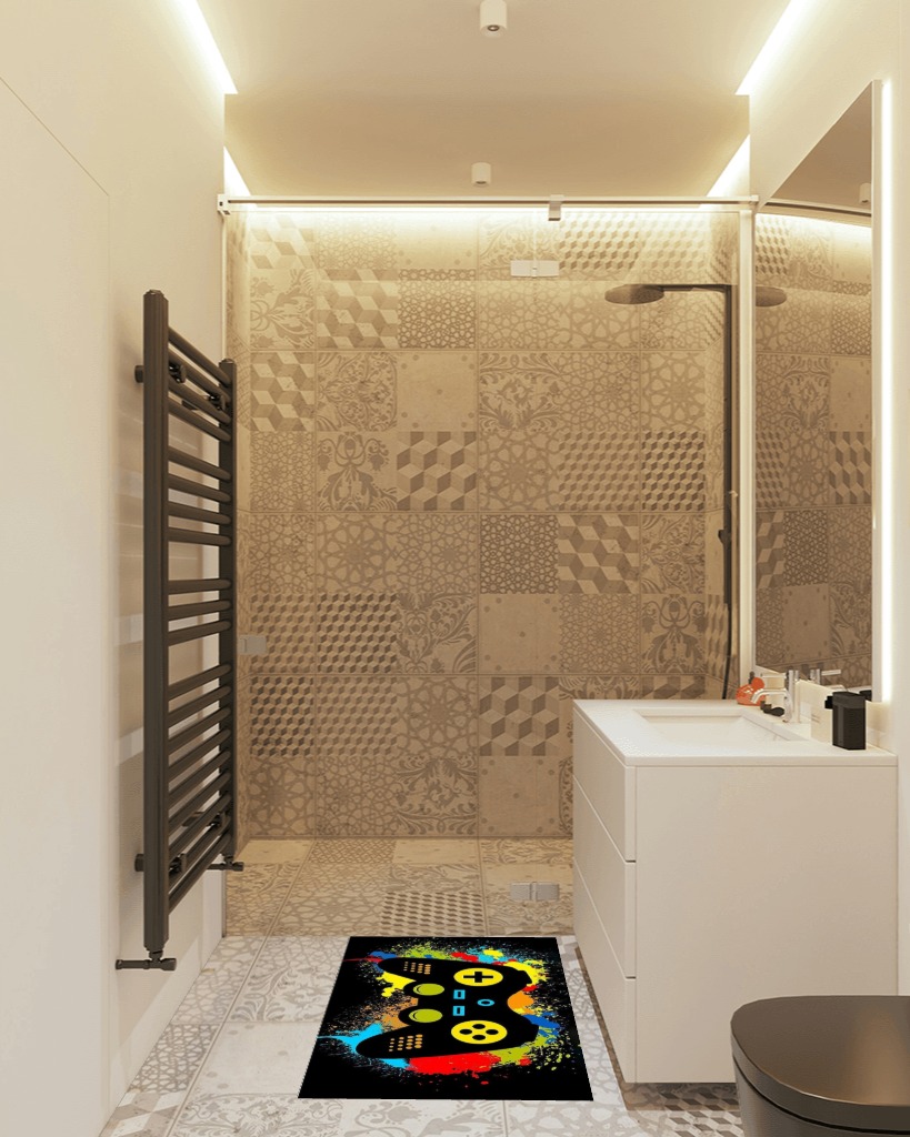 Small Rugs 20 x 31 in, 50 x 80cm for Kids Door Mat Rugs, Boys Gamer Area Carpet, 3D Area Rugs, Gaming Rugs for Boy's Bedroom, Controller Gaming Rug…… in White Tiled Bathroom